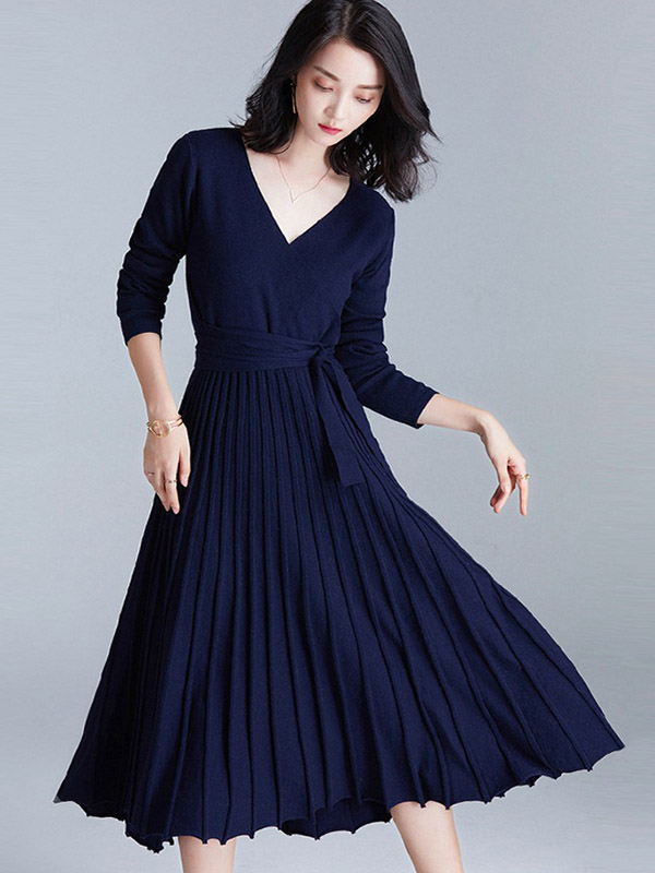 Navy Blue Wrap Style Tie Waist Knitted Pleated Dress