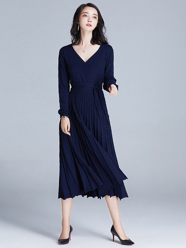 Navy Blue Wrap Style Tie Waist Knitted Pleated Dress