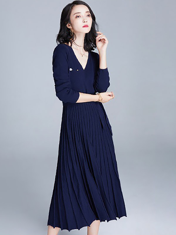 Navy Blue Wrap Style Tie Waist Knitted Pleated Dress