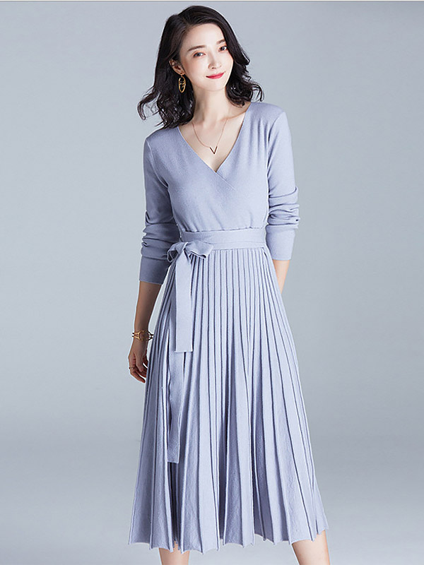 Blue Wrap Style Tie Waist Knitted Pleated Dress