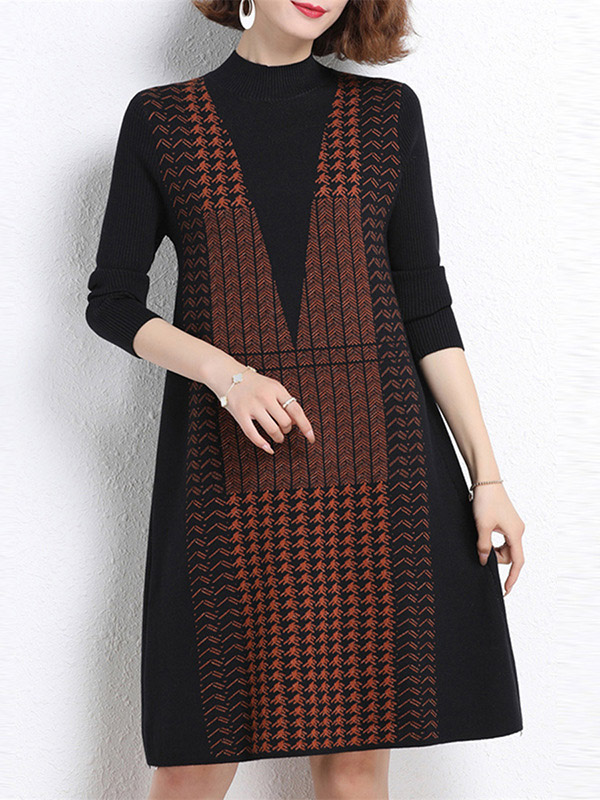 Brick Red Stand Collar Knitted Shift Dress in Check Print