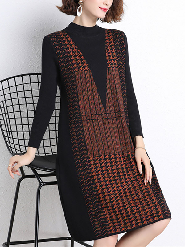 Brick Red Stand Collar Knitted Shift Dress in Check Print