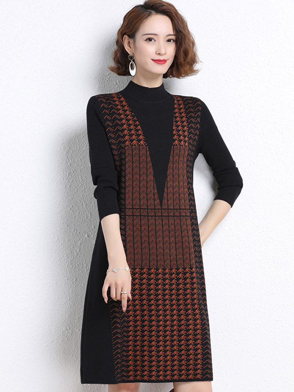 Brick Red Stand Collar Knitted Shift Dress in Check Print