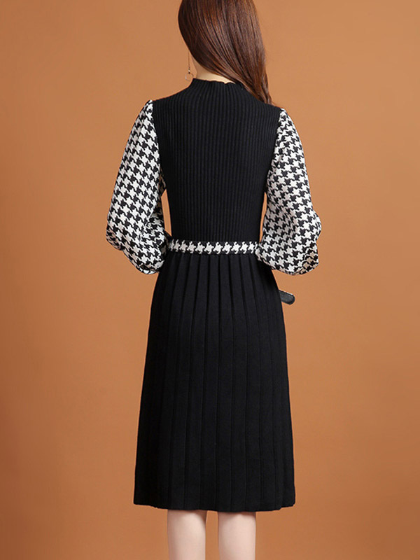 Black Lattern Sleeve Houndstooth Print Knitted Dress