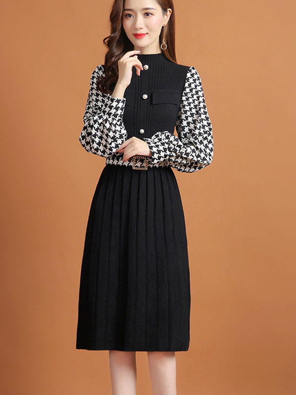 Black Lattern Sleeve Houndstooth Print Knitted Dress