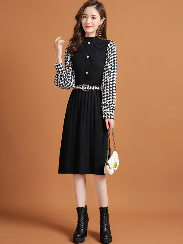 Black Lattern Sleeve Houndstooth Print Knitted Dress