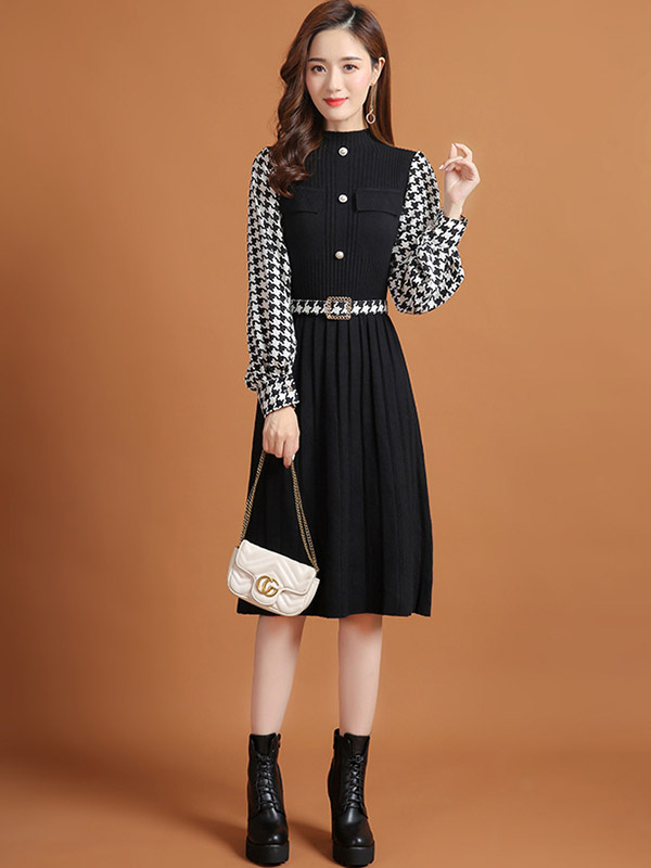 Black Lattern Sleeve Houndstooth Print Knitted Dress