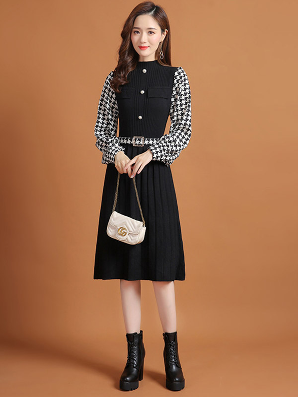 Black Lattern Sleeve Houndstooth Print Knitted Dress