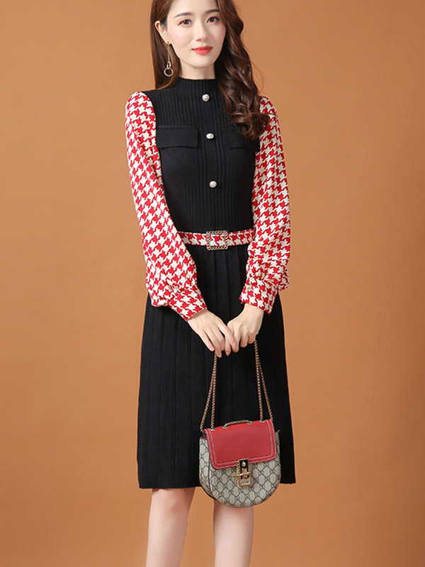 Red Lattern Sleeve Houndstooth Print Knitted Dress