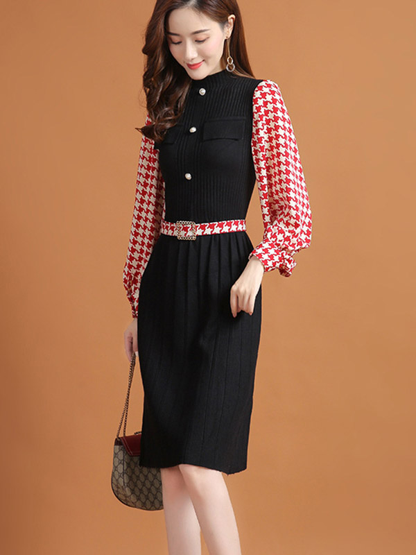 Red Lattern Sleeve Houndstooth Print Knitted Dress