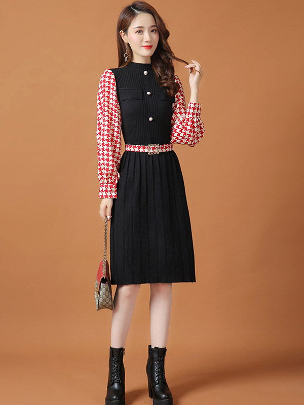 Red Lattern Sleeve Houndstooth Print Knitted Dress