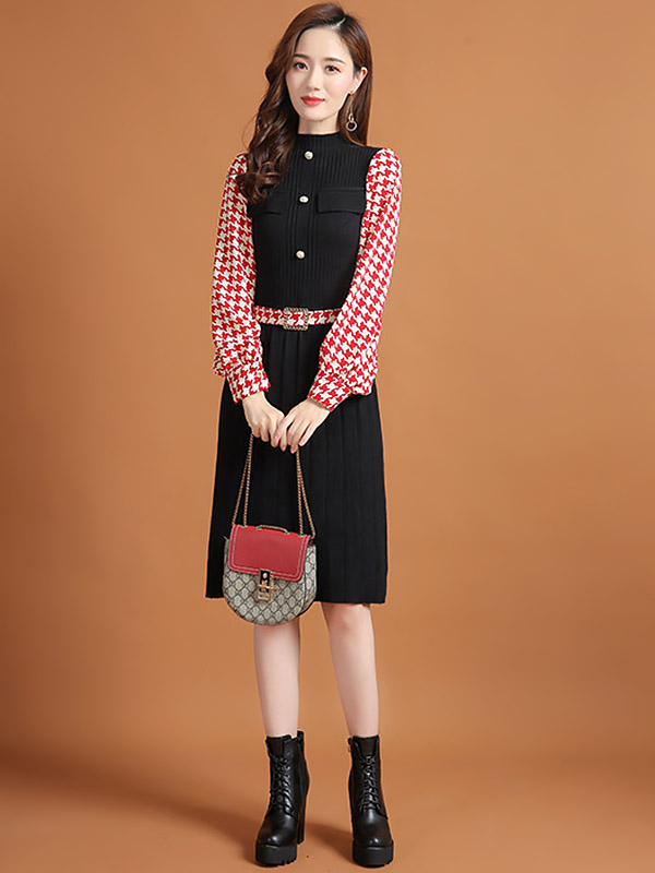 Red Lattern Sleeve Houndstooth Print Knitted Dress