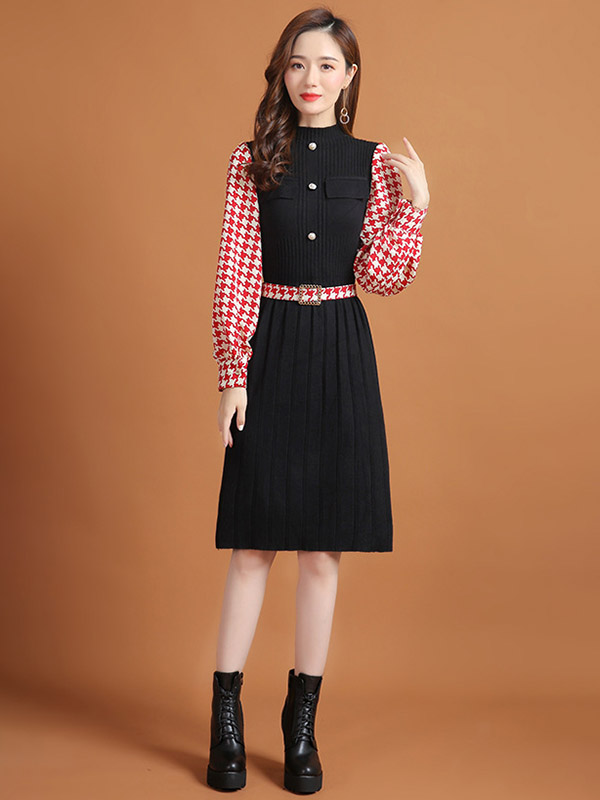 Red Lattern Sleeve Houndstooth Print Knitted Dress