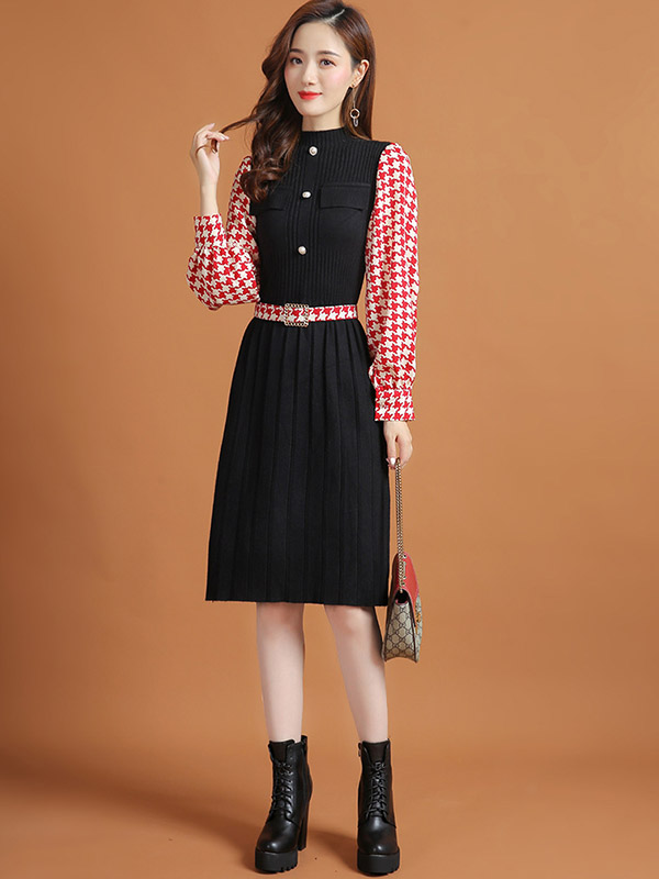 Red Lattern Sleeve Houndstooth Print Knitted Dress