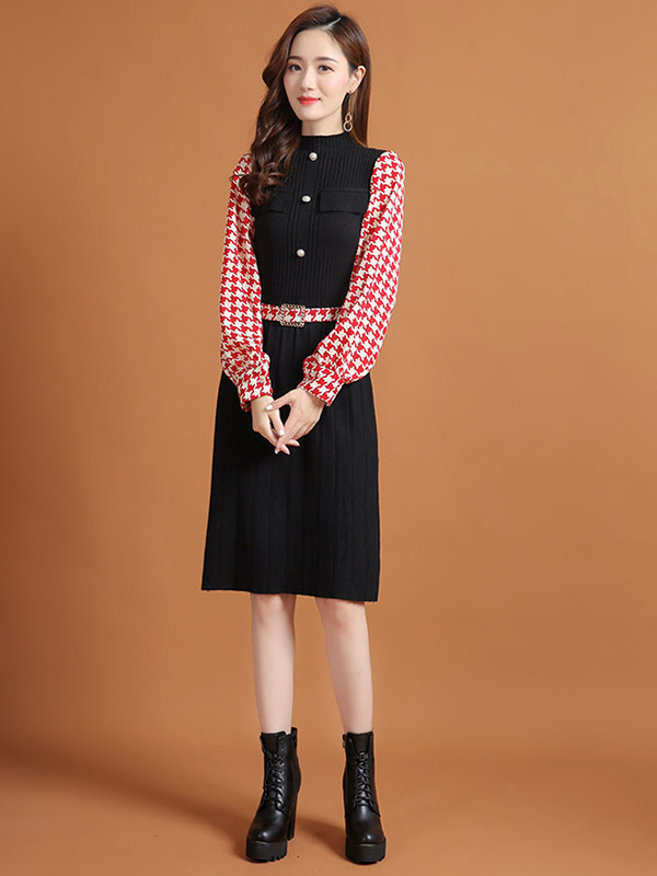 Red Lattern Sleeve Houndstooth Print Knitted Dress