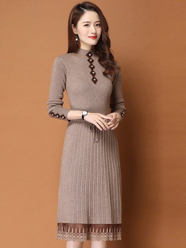 Khaki Ribbed Knitted Dress with Lace Trim