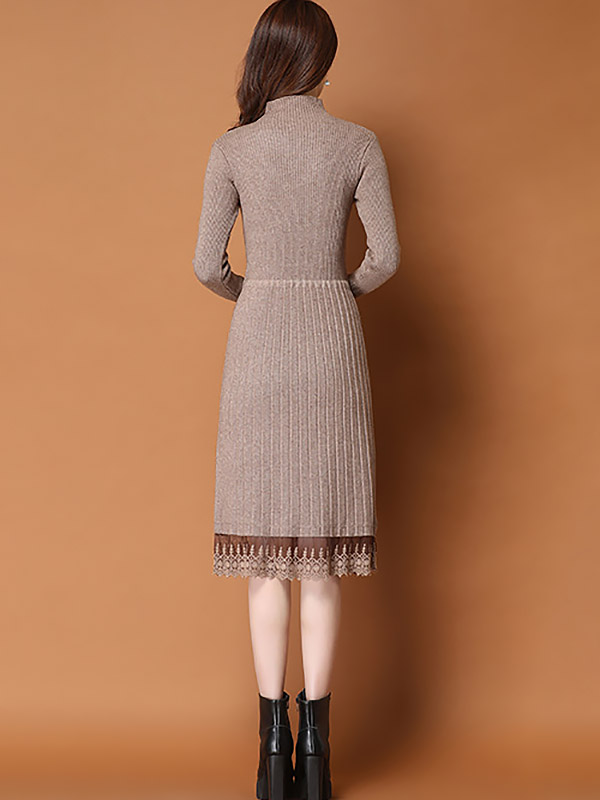 Khaki Ribbed Knitted Dress with Lace Trim