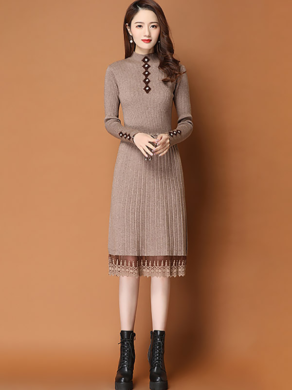 Khaki Ribbed Knitted Dress with Lace Trim