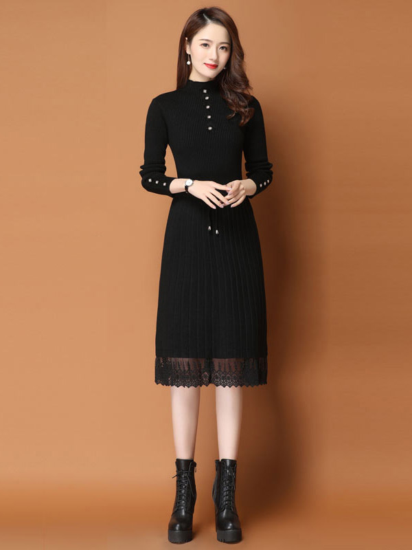 Black Ribbed Knitted Dress with Lace Trim