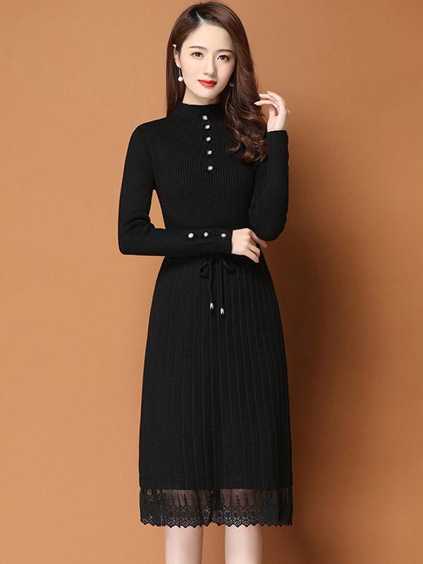 Black Ribbed Knitted Dress with Lace Trim