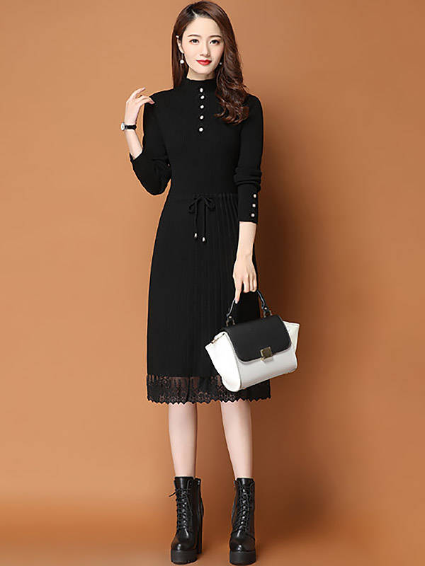 Black Ribbed Knitted Dress with Lace Trim