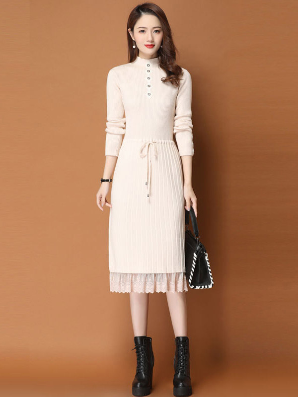 Beige Ribbed Knitted Dress with Lace Trim