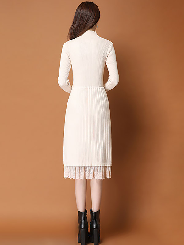 Beige Ribbed Knitted Dress with Lace Trim