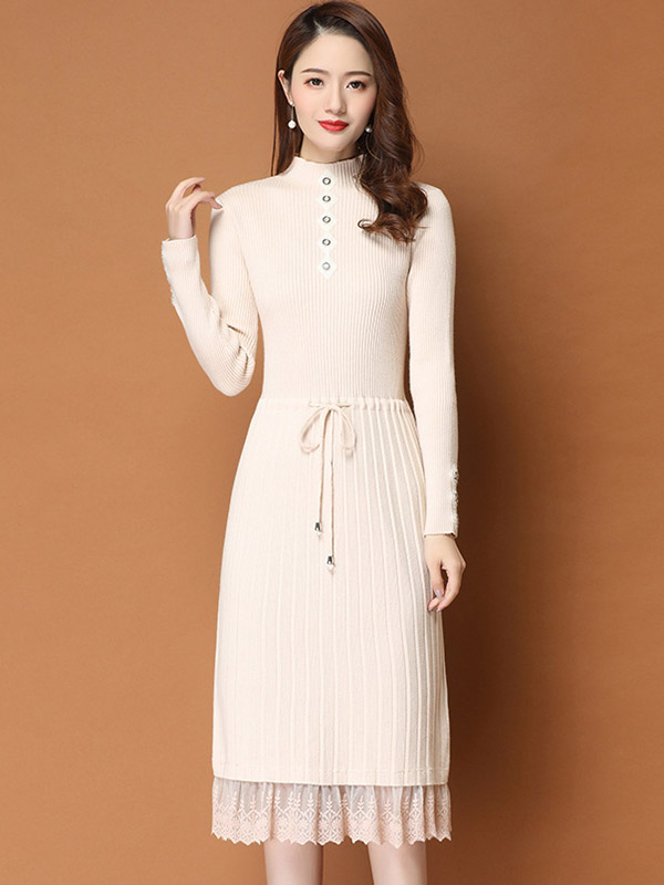 Beige Ribbed Knitted Dress with Lace Trim