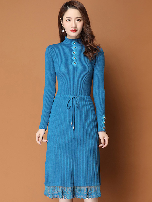 Blue Ribbed Knitted Dress with Lace Trim