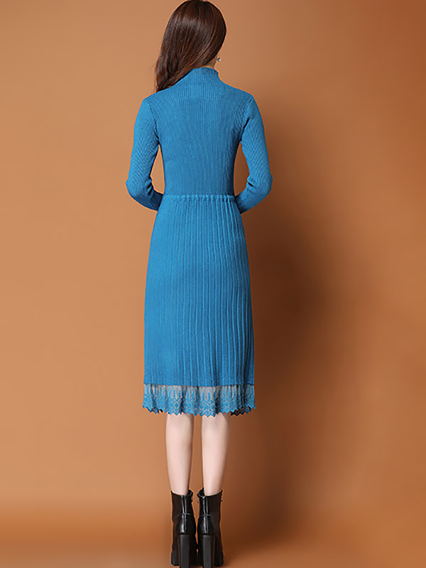 Blue Ribbed Knitted Dress with Lace Trim