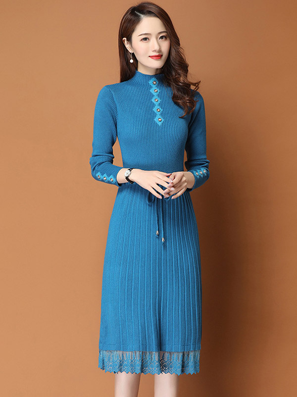 Blue Ribbed Knitted Dress with Lace Trim