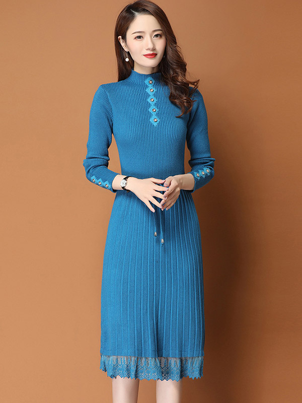 Blue Ribbed Knitted Dress with Lace Trim