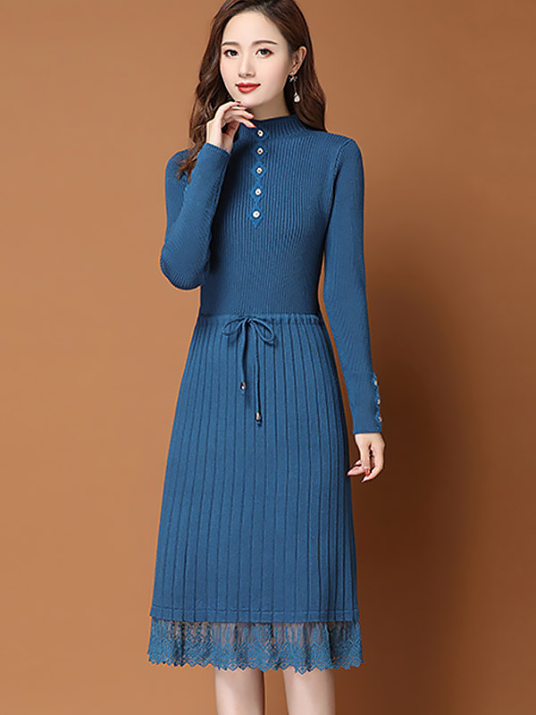 Blue Ribbed Knitted Dress with Lace Trim