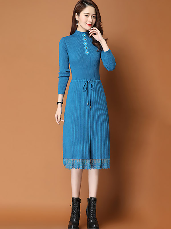 Blue Ribbed Knitted Dress with Lace Trim