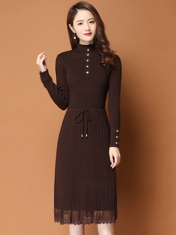 Brown Ribbed Knitted Dress with Lace Trim