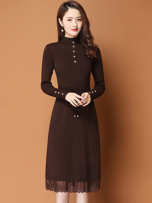 Brown Ribbed Knitted Dress with Lace Trim