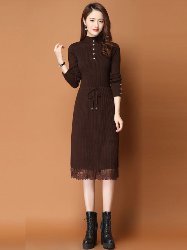 Brown Ribbed Knitted Dress with Lace Trim