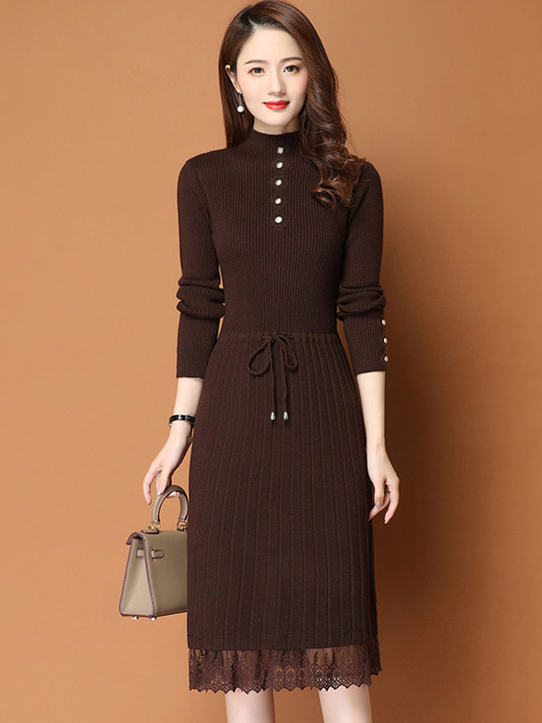 Brown Ribbed Knitted Dress with Lace Trim