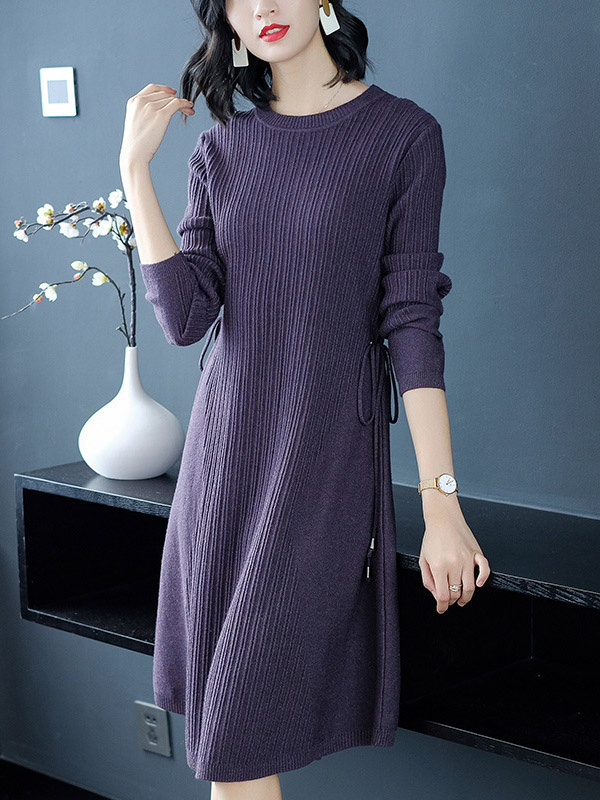 Purple Ribbed Shift Knitted Dress with Tie Waist