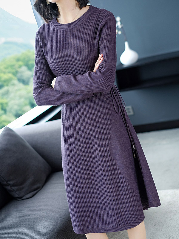 Purple Ribbed Shift Knitted Dress with Tie Waist