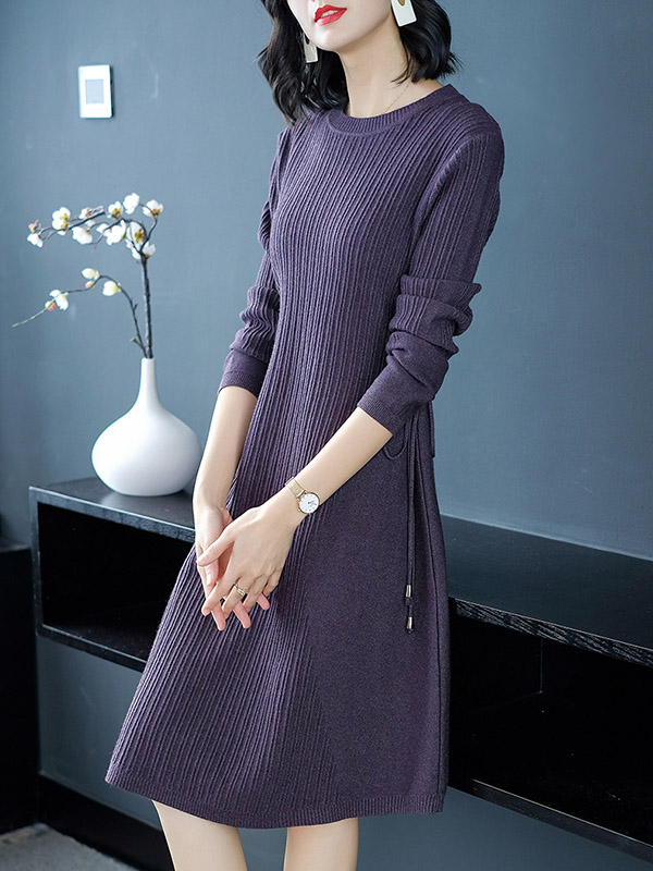 Purple Ribbed Shift Knitted Dress with Tie Waist