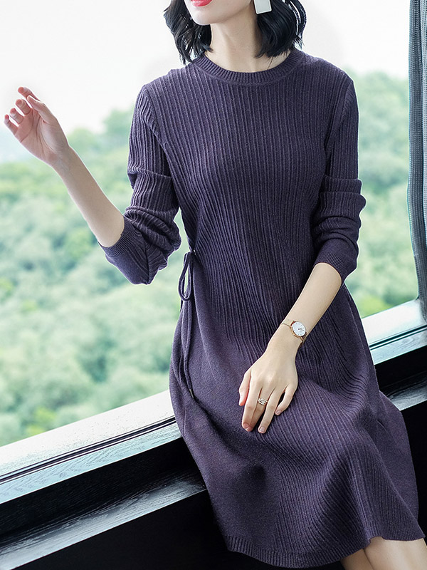 Purple Ribbed Shift Knitted Dress with Tie Waist