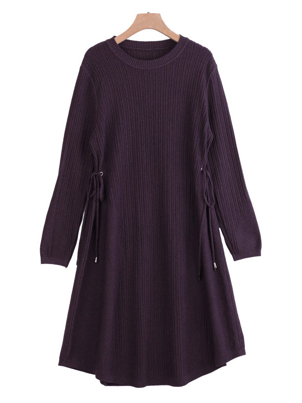 Purple Ribbed Shift Knitted Dress with Tie Waist