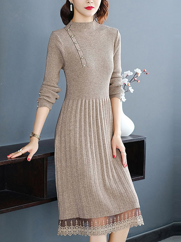 Khaki Stand Collar Lace Trim Knit Midi Dress