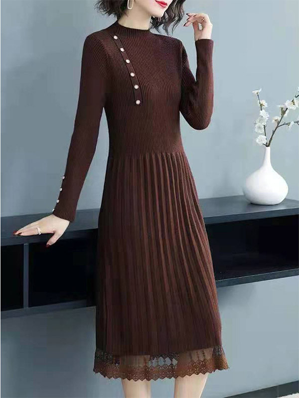 Brown Stand Collar Lace Trim Knit Midi Dress