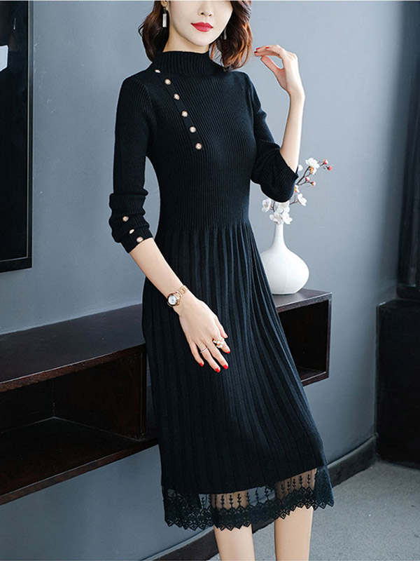 Black Stand Collar Lace Trim Knit Midi Dress