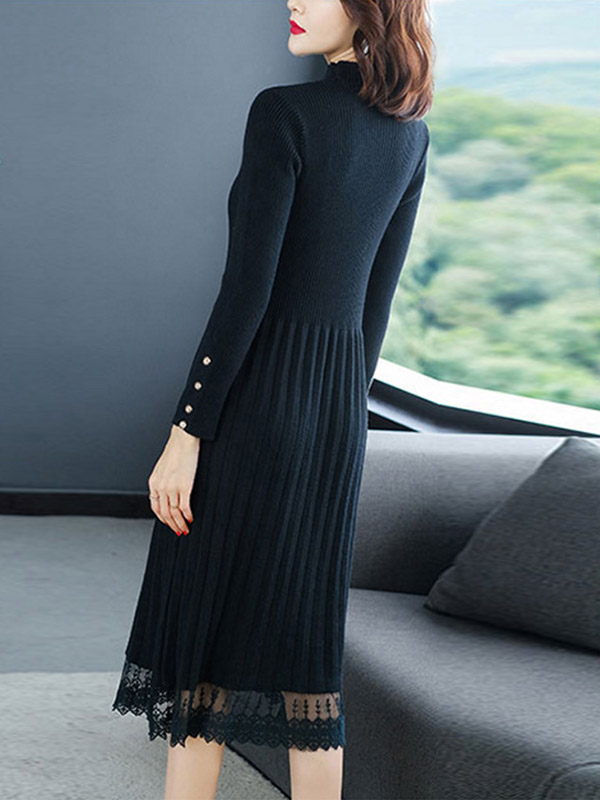 Black Stand Collar Lace Trim Knit Midi Dress