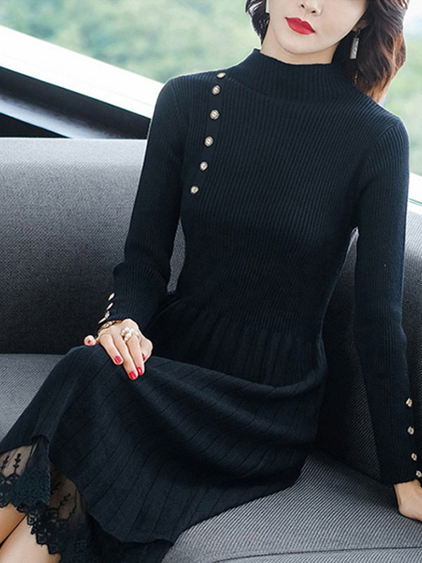 Black Stand Collar Lace Trim Knit Midi Dress