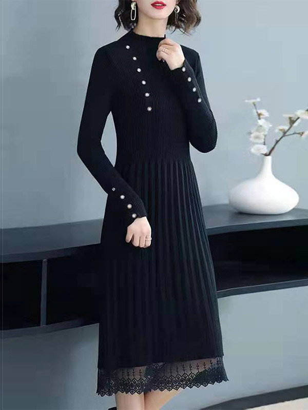 Black Stand Collar Lace Trim Knit Midi Dress