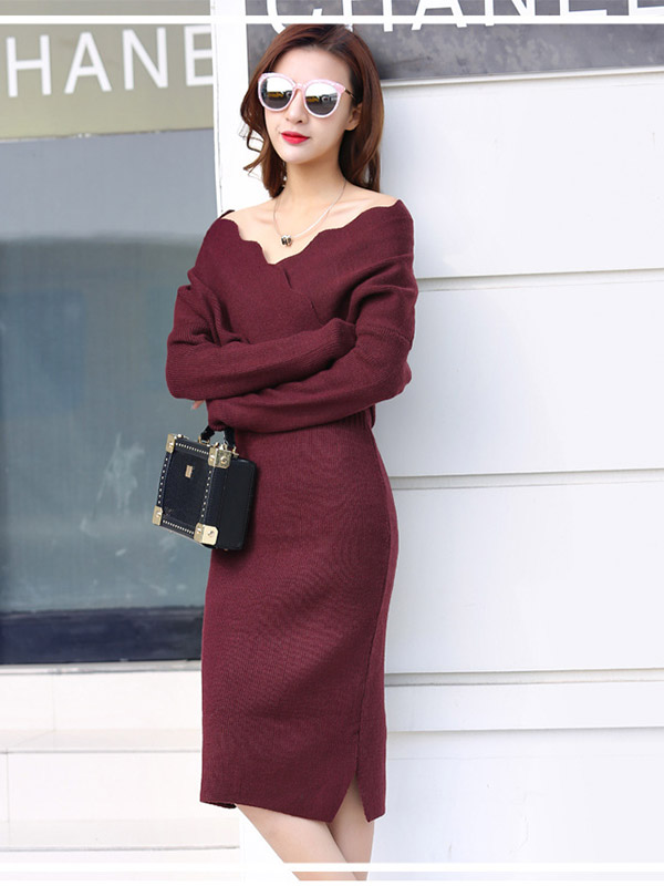 Burgundy Wrap Style Midi Dress with Wave Hem Collar